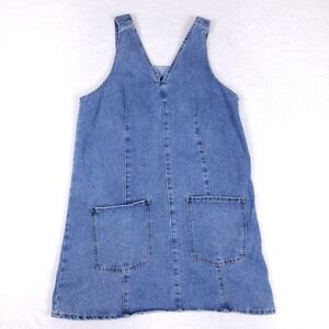Shein Blue Denim Pinafore Dress Large Sleeveless V-Neck Pocket Y2K Casual